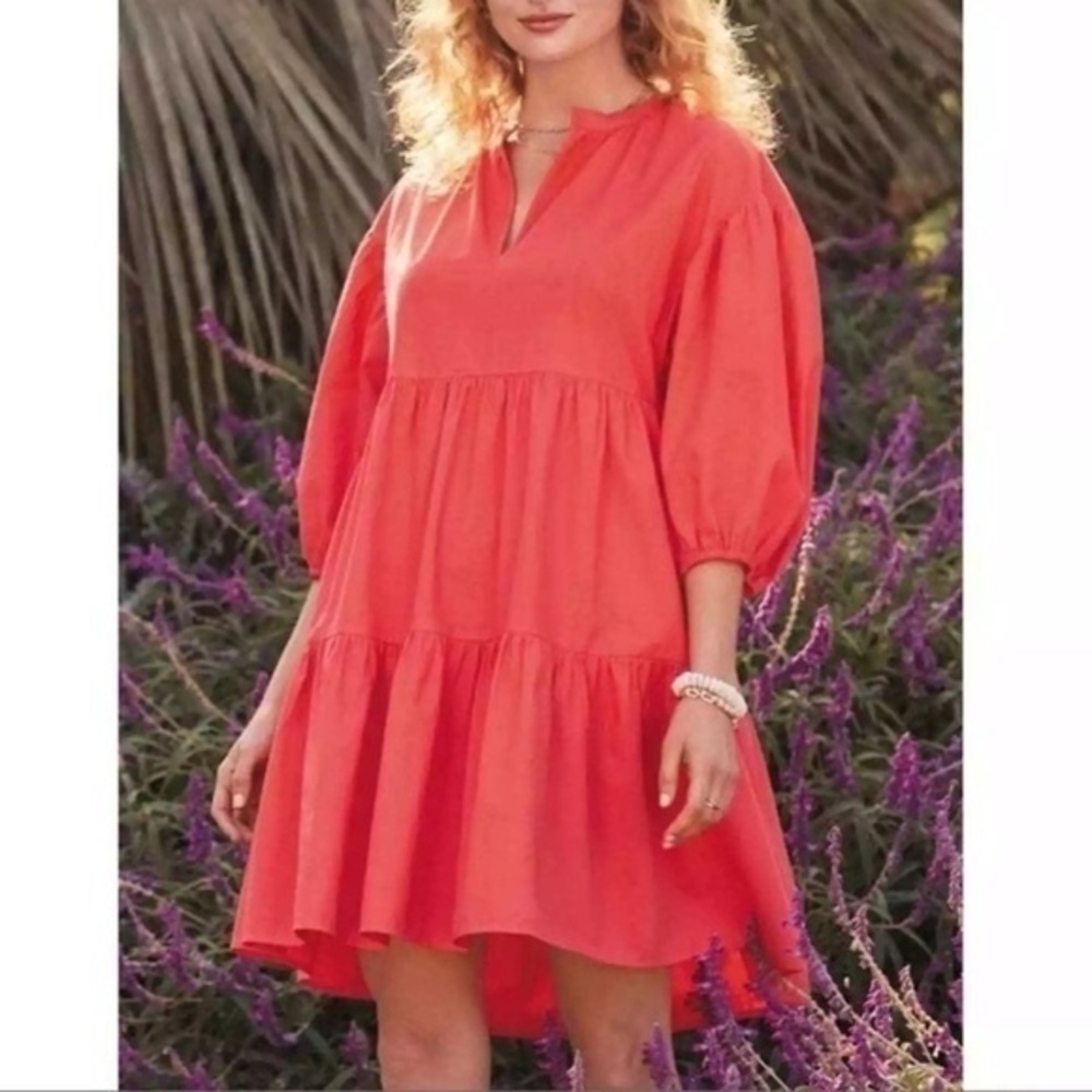 Sundry x Evereve The Anywhere dress cotton poplin tiered bright coral L